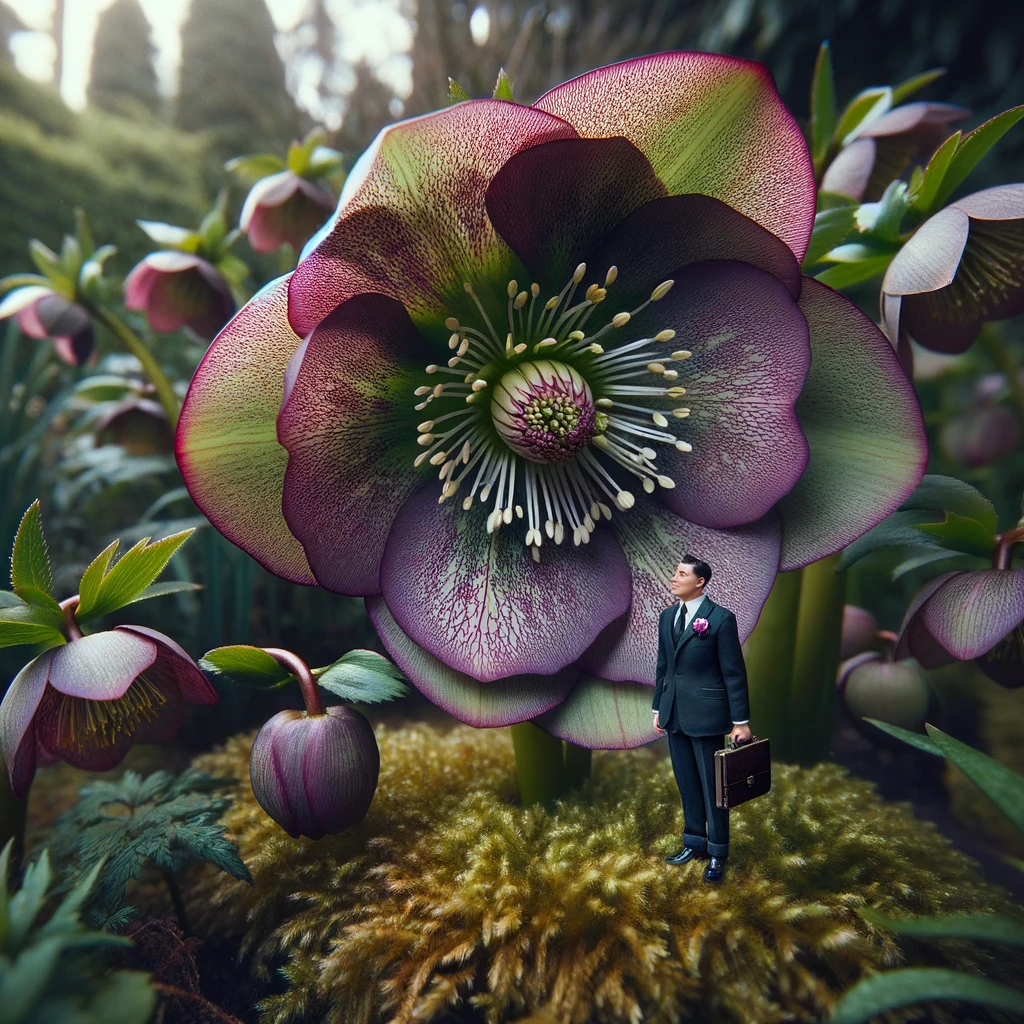 Little businessman looking up at giant hellebore