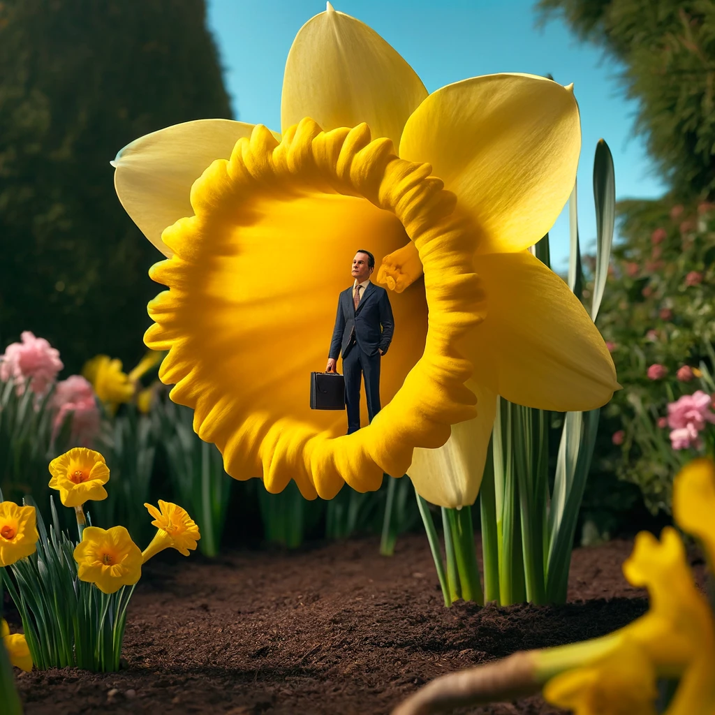 Little businessman inside a giant daffodil