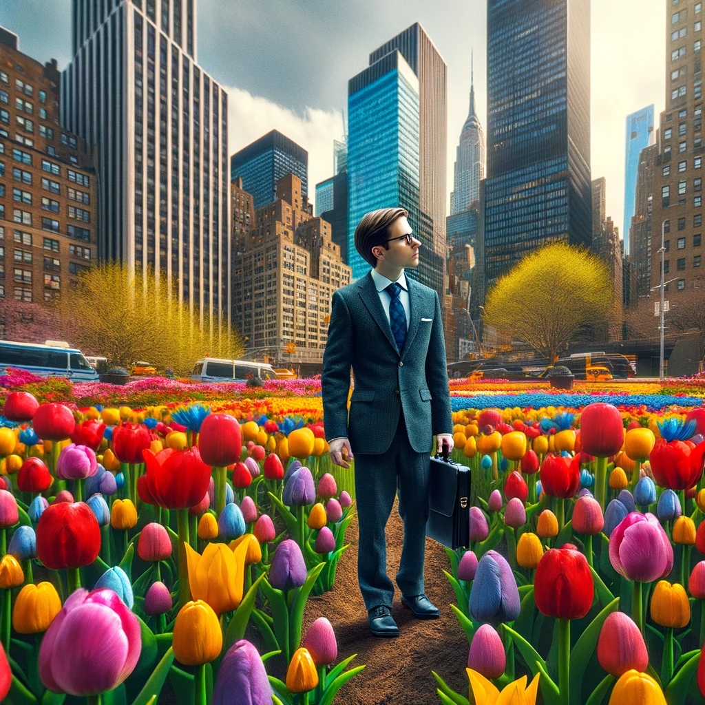 Businessman walking through NYC tulip field
