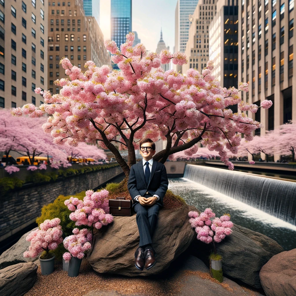 Businessman relaxing under cherry blossoms in NYC
