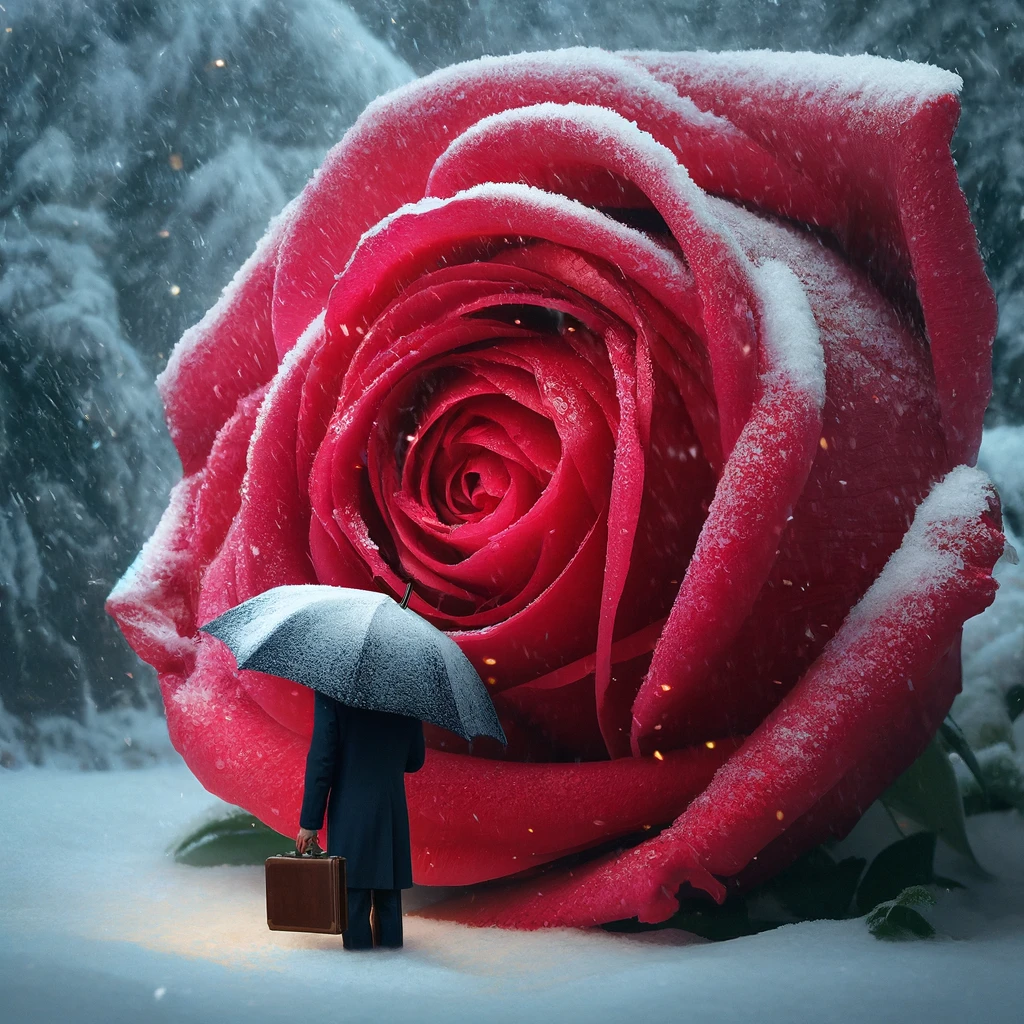 Businessman with umbrella before a giant snowy rose