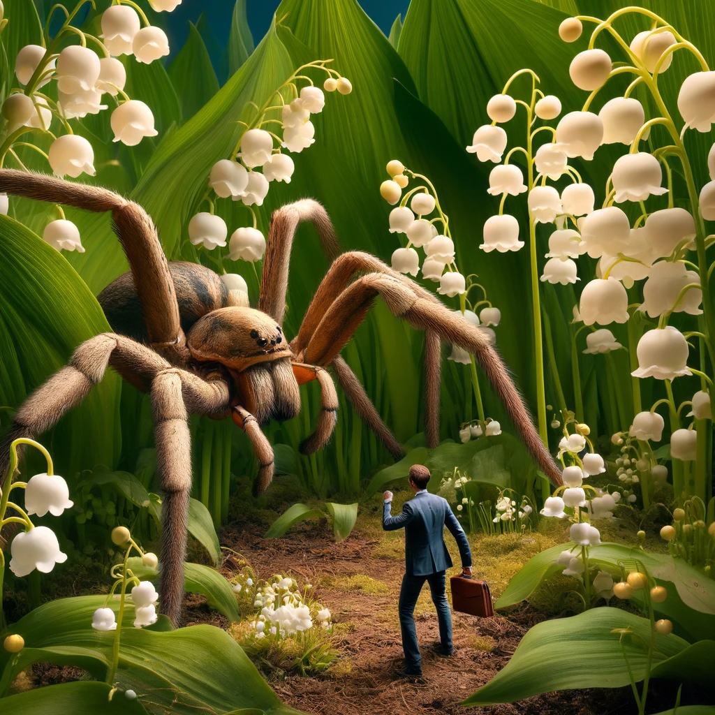 Businessman facing a giant spider in lily of the valley