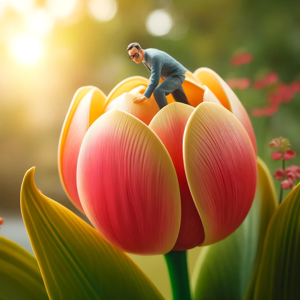Businessman climbing a giant tulip